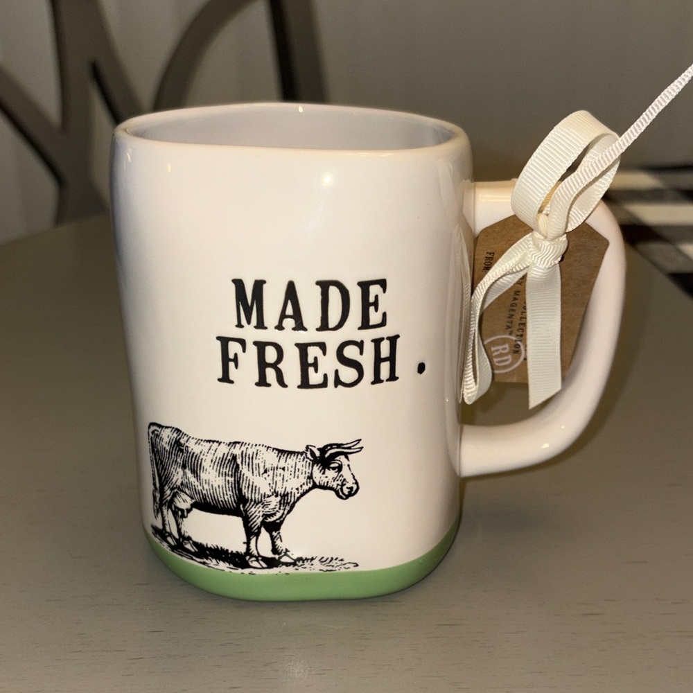 Rae Dunn White and Green 'Made Fresh' Mug with Cow Design